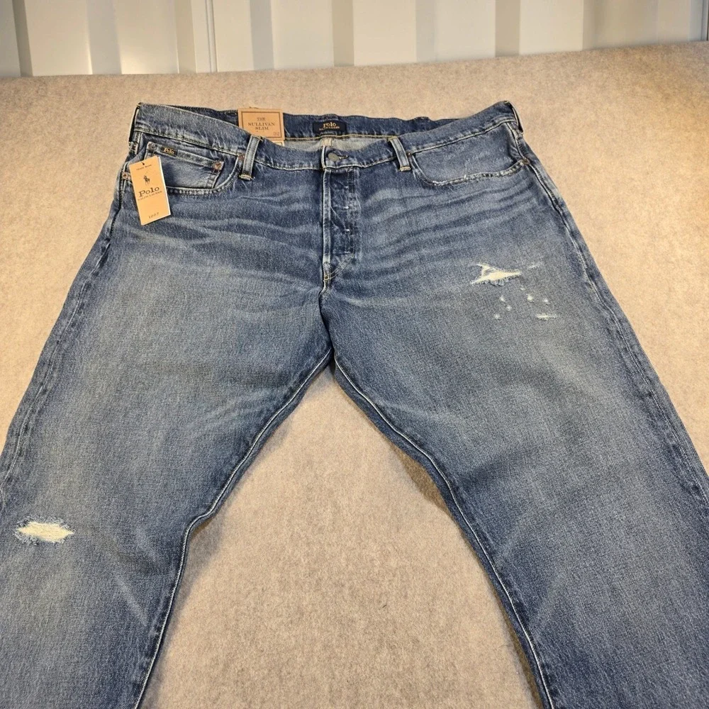 NWT Polo Ralph Lauren Sullivan Slim Jeans Men 40x32 Blue Warp Stretch Distressed